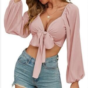 NWOT SHEIN Pink Long Sleeve Tie Front Crop Top Size M Balloon Sleeve Blouse